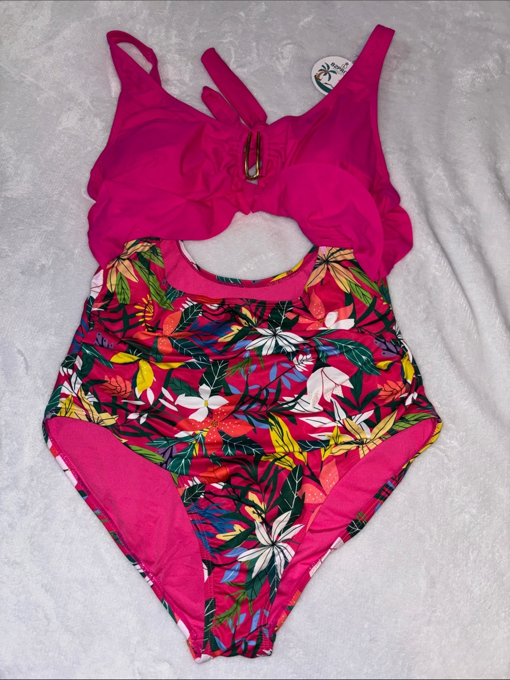Ruffle Tie-Front One-Piece Swimsuit in Hot Pink with Tropical High-Waist - Picture 3 of 4